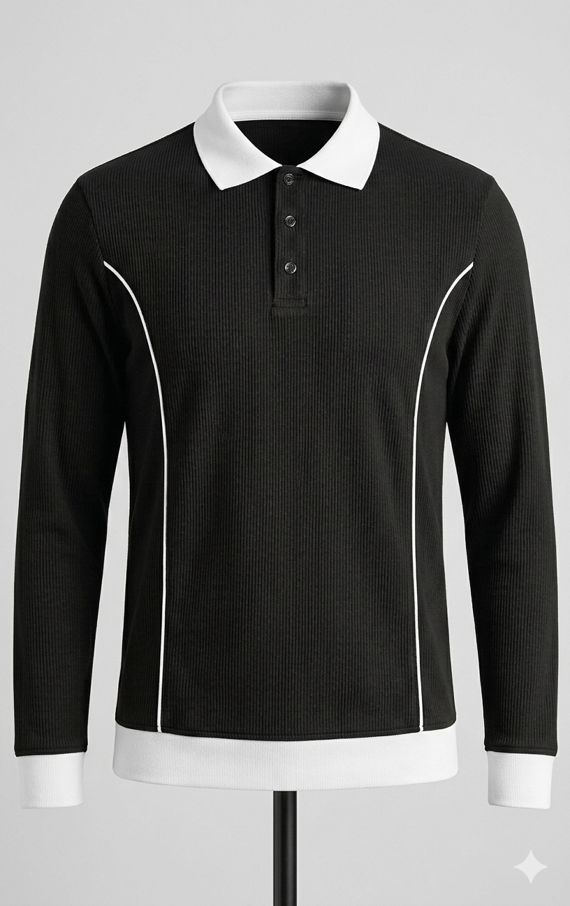 Premium Ribbed Polo Sweater - Old Money Contrast Collar Long Sleeve Shirt