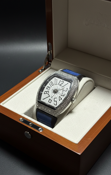Franck Muller Diamond Watch - Luxury Tonneau Blue Leather Timepiece