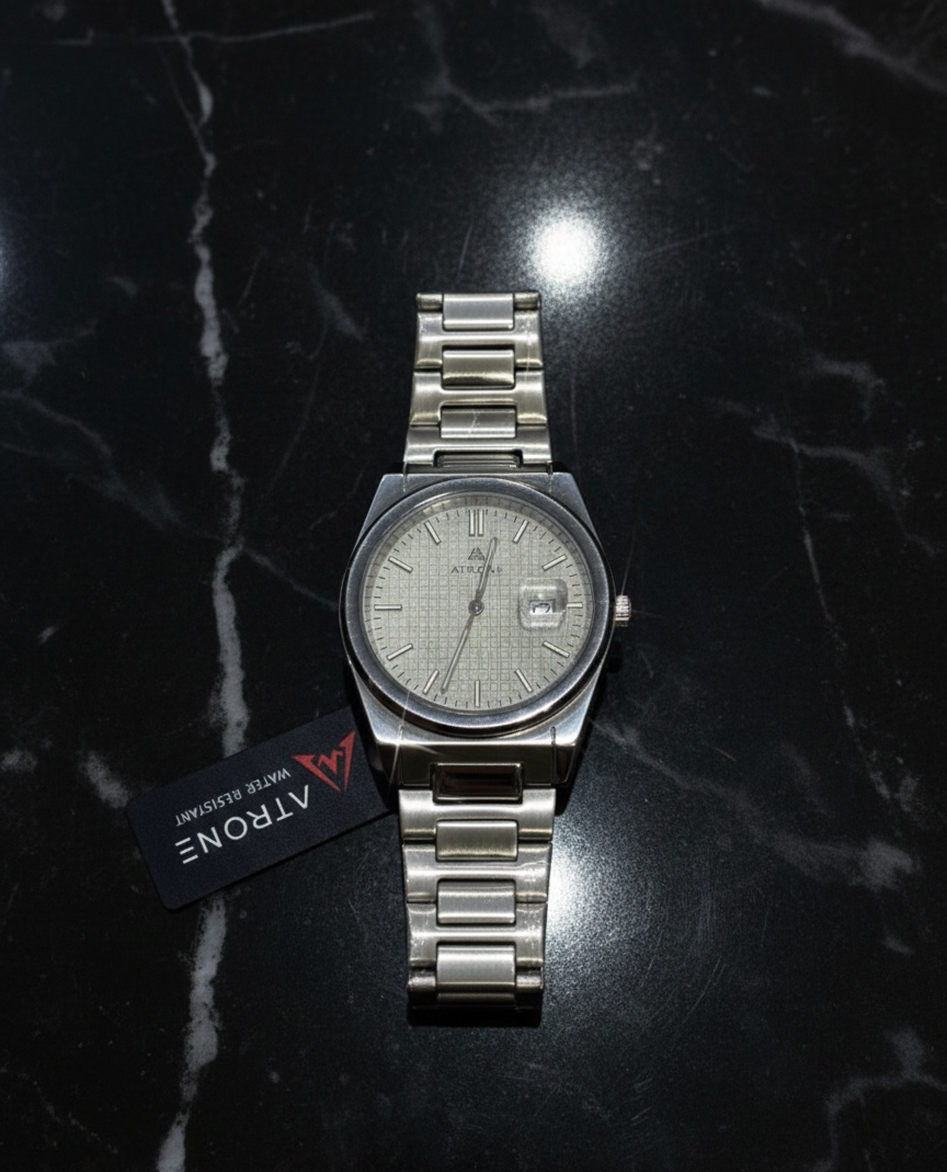Atrone Classic Silver Watch - Textured Dial Stainless Steel Timepiece