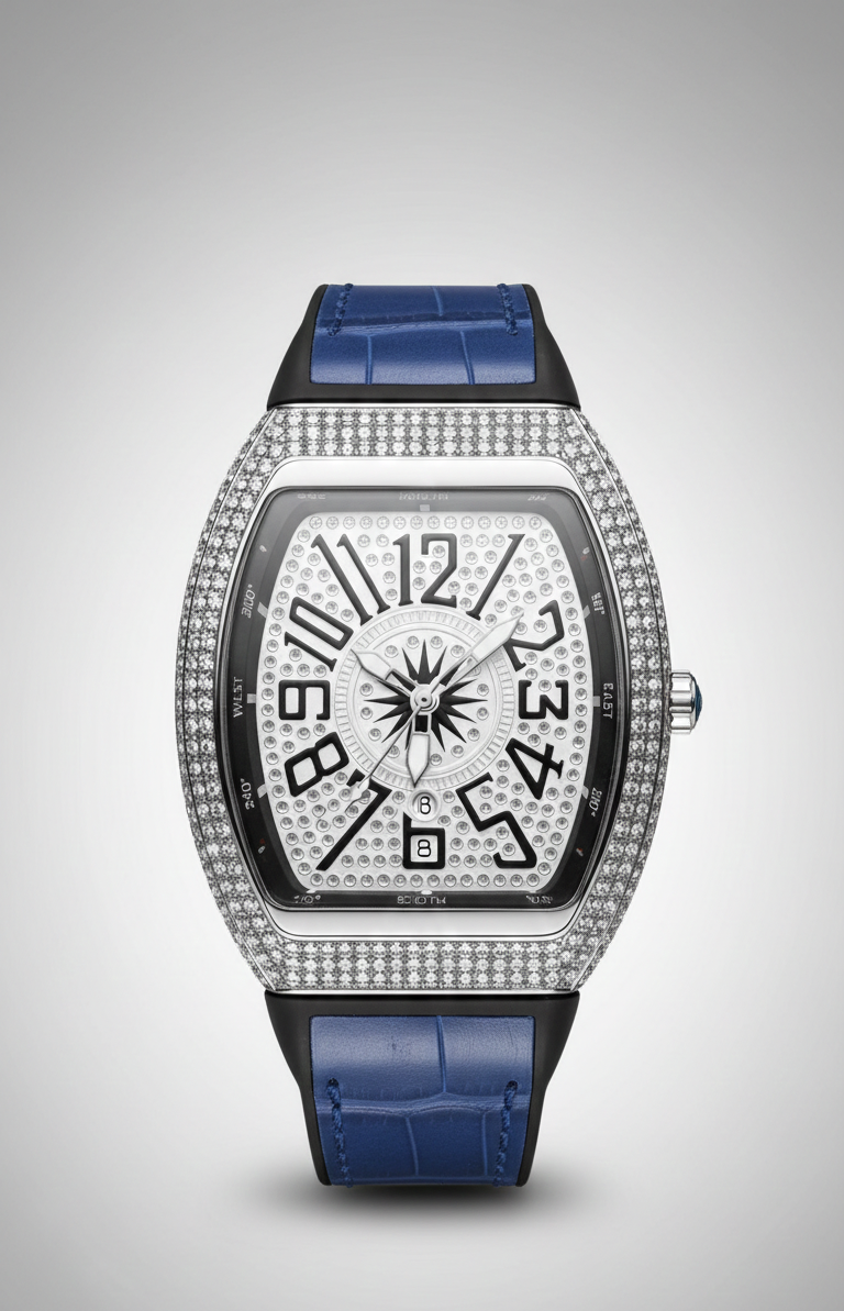 Franck Muller Diamond Watch - Luxury Tonneau Blue Leather Timepiece