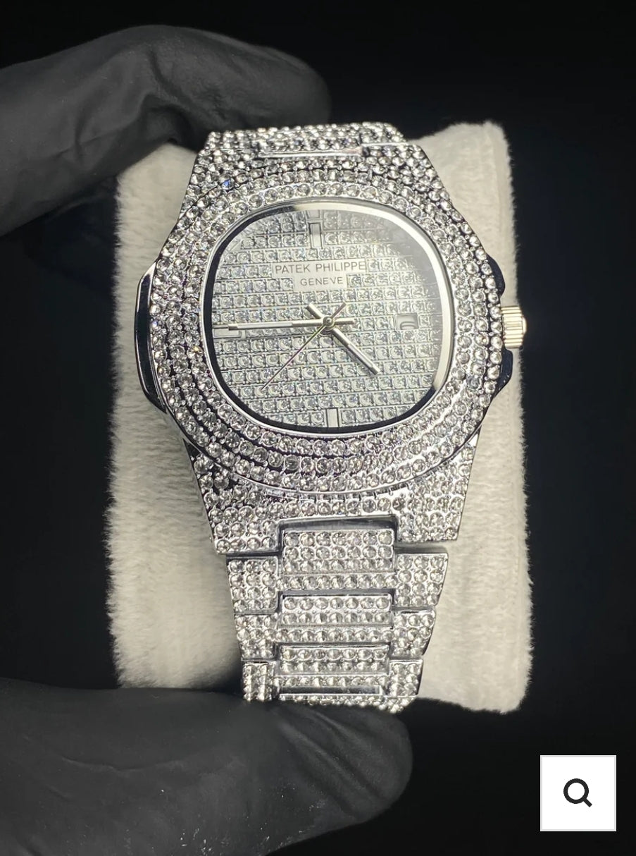 Patek Philippe Nautilus Full Iced Out Diamond Watch – Silver